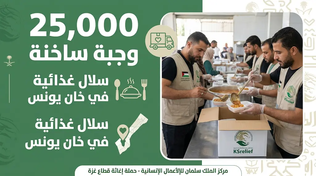 مركز الملك سلمان للإغاثة يوزع 25 ألف وجبة ساخنة وسلالاً غذائية للنازحين في قطاع غزة