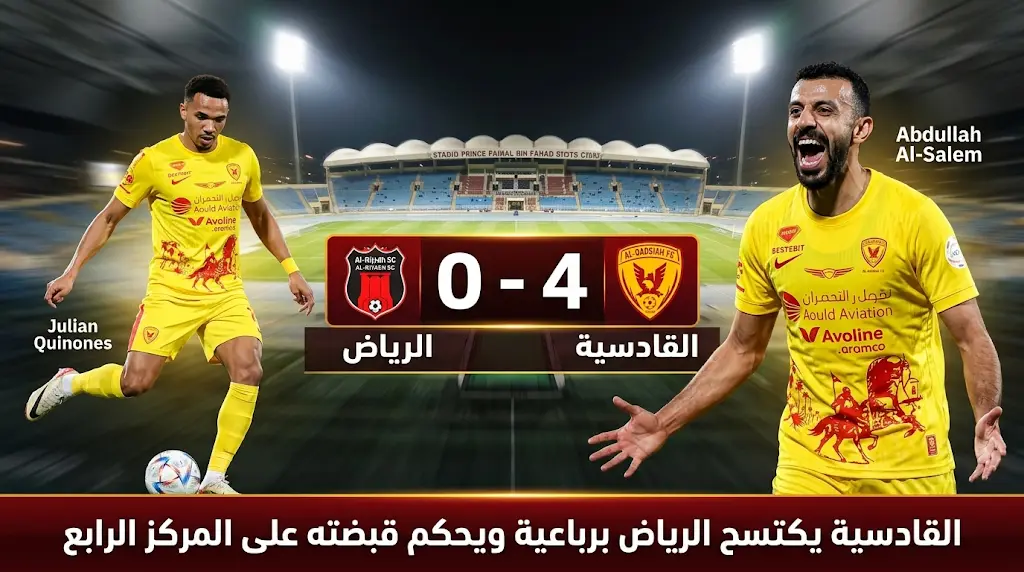 نتيجة مباراة القادسية والرياض اليوم (4-0) في دوري روشن 2026.. "بنو قادس" يكتسحون برباعية نظيفة