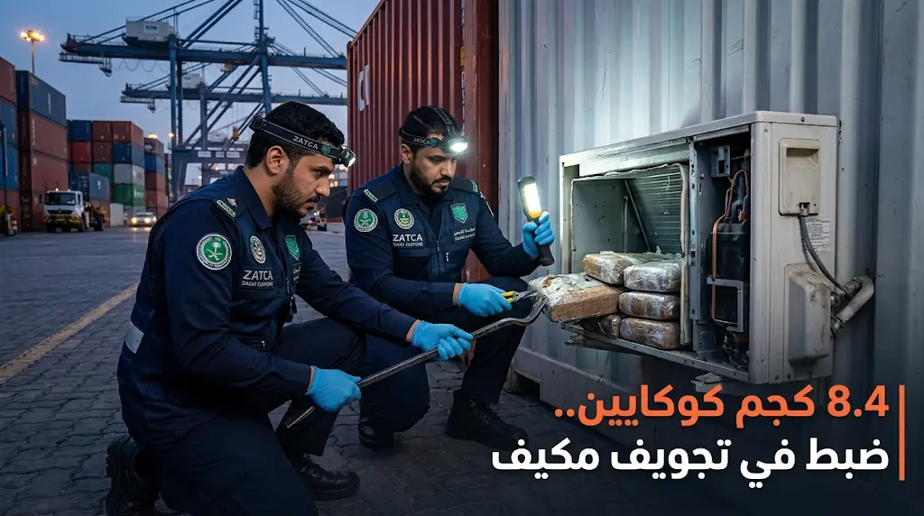 8.4 كجم من الكوكايين: زاتكا تكشف طريقة إخفاء المخدرات داخل "تجويف مكيف" حاوية بجدة.