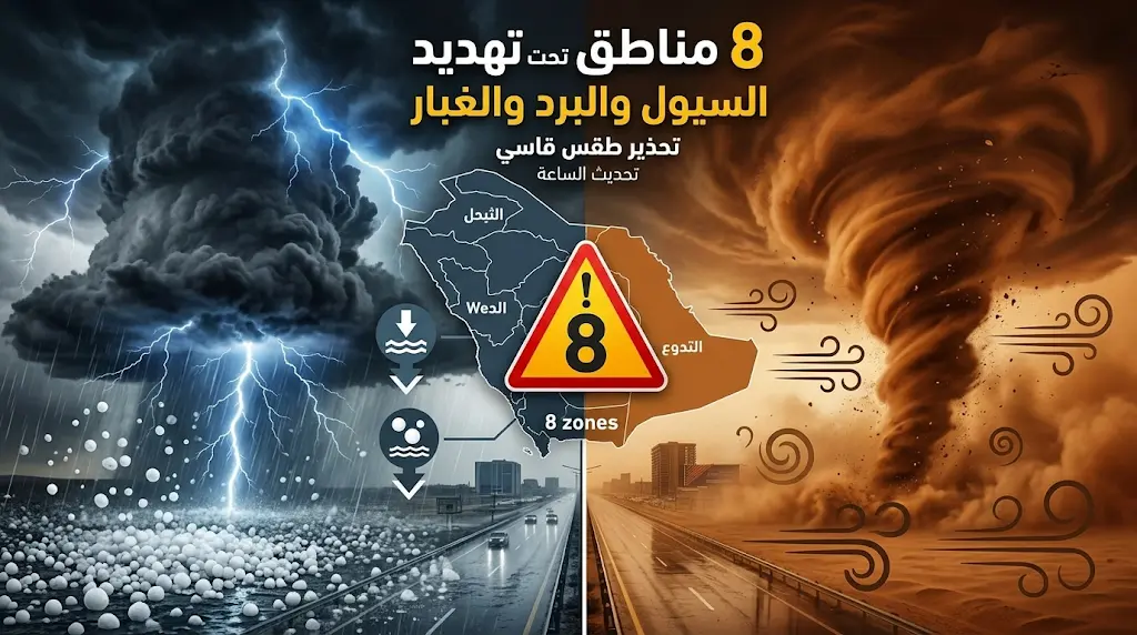 8 مناطق تحت تأثير الأمطار الغزيرة والسيول اليوم.. وتحذيرات من رياح نشطة وموجة غبار واسعة