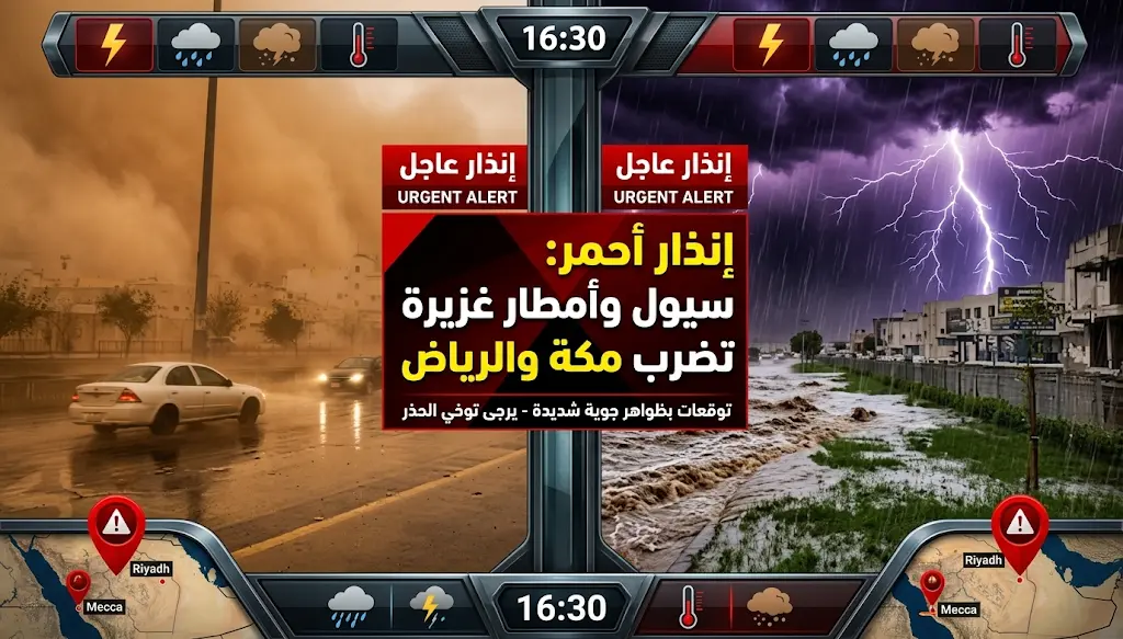 إنذار أحمر: سيول وأمطار غزيرة تضرب 8 مناطق رئيسية أبرزها مكة المكرمة والرياض