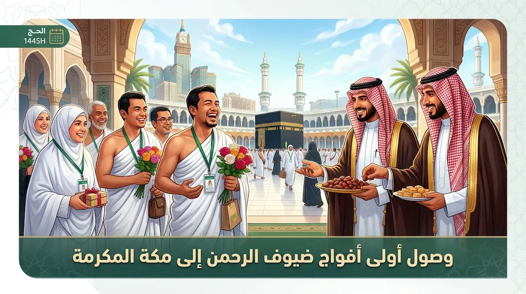 استقبال طلائع حجاج إندونيسيا في مكة المكرمة بالورود والأهازيج التراثية لموسم حج 1447
