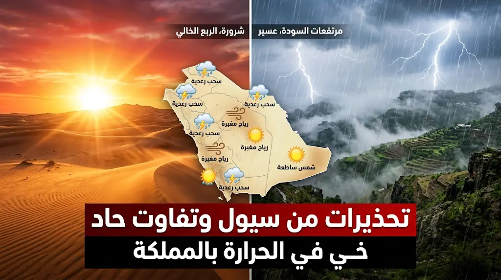 الأرصاد تحذر من أمطار رعدية وسيول في 3 مناطق سعودية وتكشف تفاصيل طقس اليوم الجمعة 1 مايو 2026