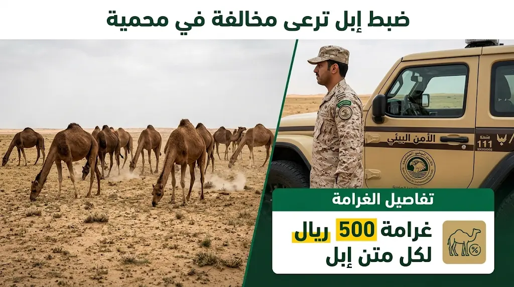 الأمن البيئي يضبط 10 من الإبل الراعية في محمية محظورة ويطبق غرامة 500 ريال على كل متن.