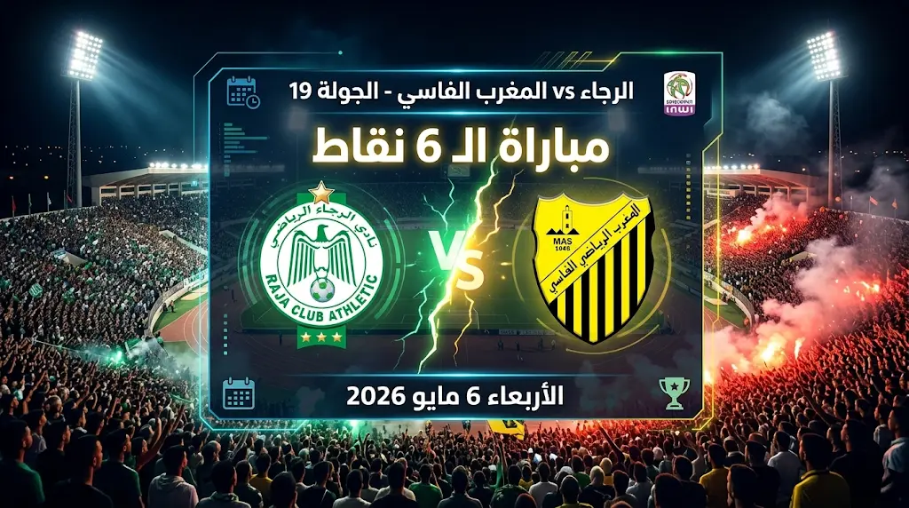 **الرجاء والمغرب الفاسي: الموعد (الأربعاء 6 مايو 2026) والقنوات الناقلة وتشكيل الفريقين في قمة الجولة 19**