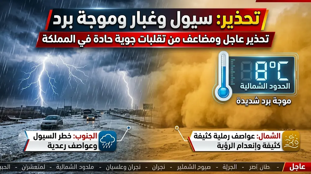 الطقس اليوم: الأرصاد تنبه لخطر السيول على نجران وجازان وتوقعات بانخفاض الحرارة إلى 8 مئوية في الحدود الشمالية