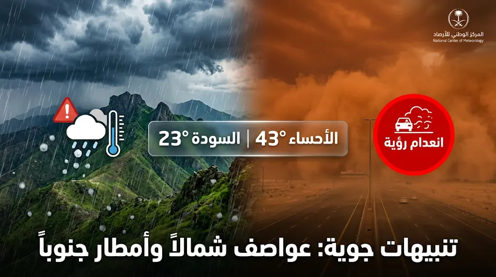 المركز الوطني للأرصاد يحذر من عواصف ترابية تؤدي لانعدام الرؤية الأفقية في تبوك ومناطق شمال المملكة