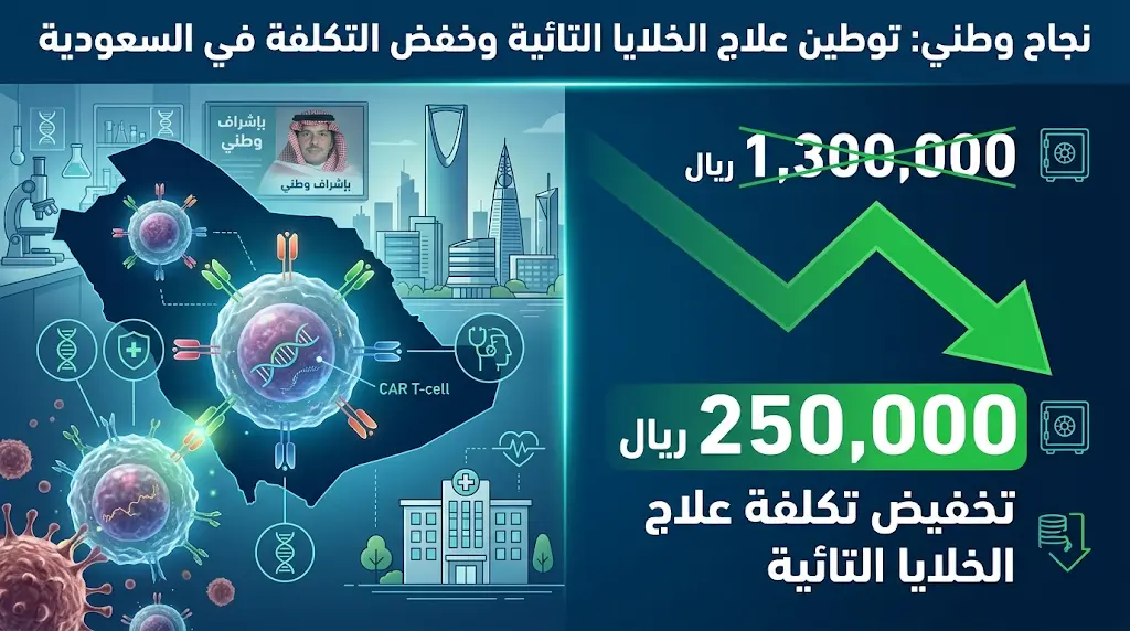 المملكة تنجح في توطين علاج الخلايا التائية (CAR T-cell) وتخفض تكلفته من 1.3 مليون إلى 250 ألف ريال.