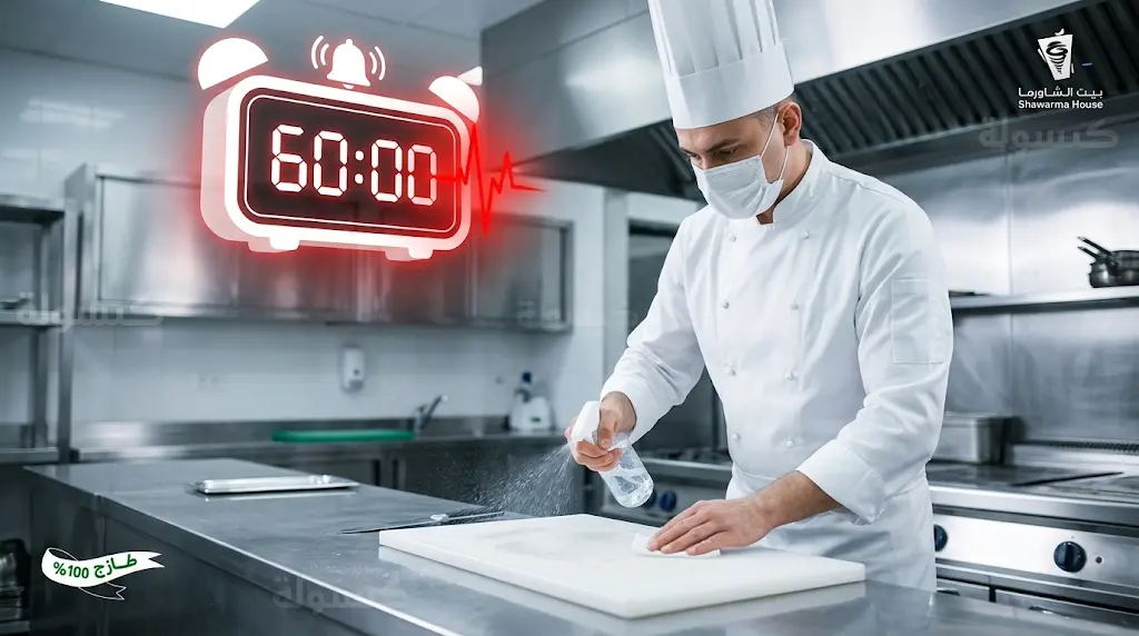 بيت الشاورما تفرض "التعقيم الإلزامي كل 60 دقيقة" عبر نظام "الجرس التنبيهي" لضمان السلامة الغذائية.