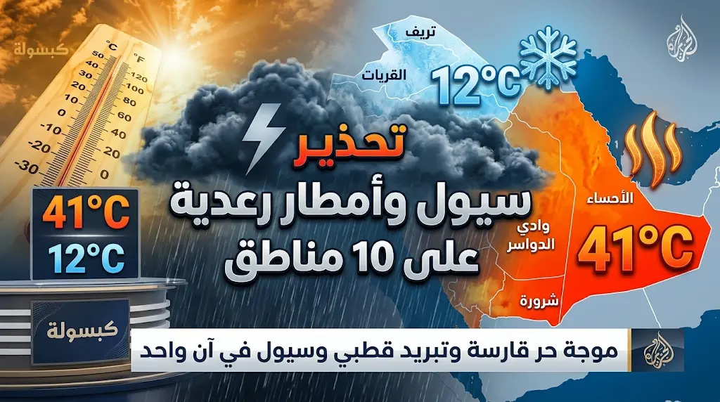 تحذيرات الأرصاد: أمطار رعدية وسيول على 10 مناطق.. وطريف والقريات تسجلان أدنى حرارة (12 مئوية)