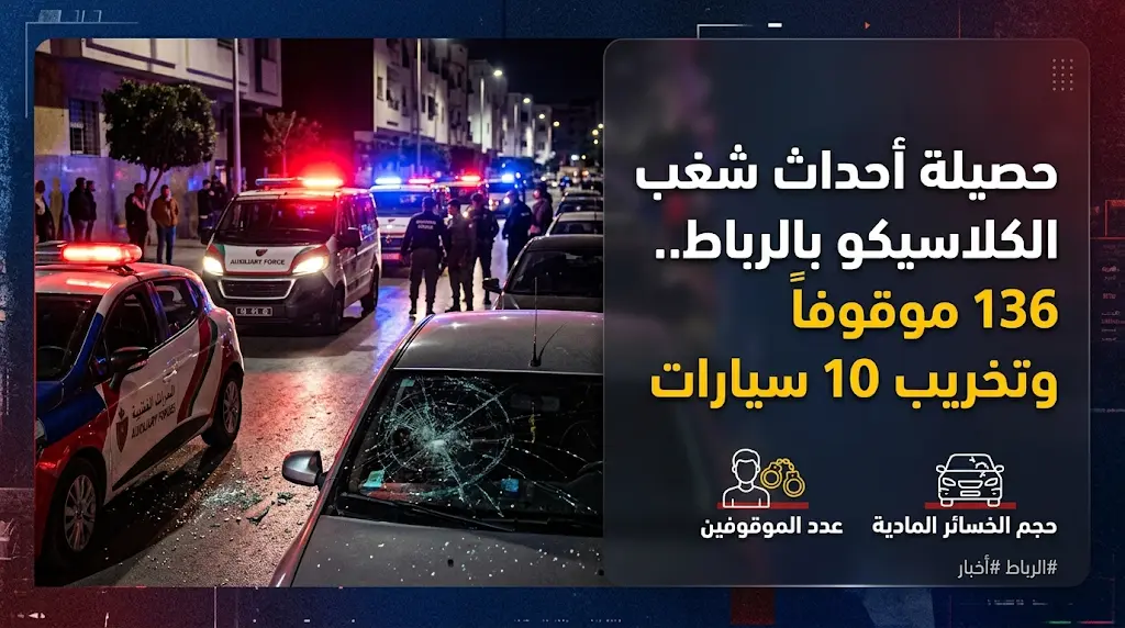 توقيف 136 شخصاً في أحداث مباراة الجيش الملكي والرجاء بالرباط (مايو 2026): التفاصيل الكاملة والنيابة العامة تتدخل