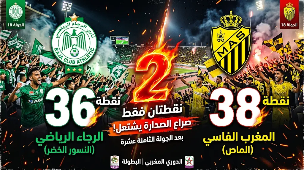 جدول ترتيب الدوري المغربي 2026 بعد الجولة 18: المغرب الفاسي يتعثر والرجاء يقلص الفارق إلى نقطتين.