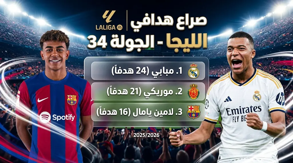 جدول ترتيب هدافي الدوري الإسباني بعد نتائج مباريات الجولة 34 وتألق مبابي ولامين يامال