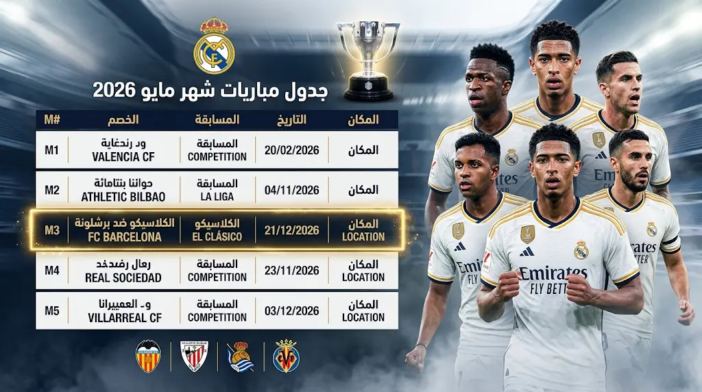 جدول مباريات ريال مدريد في مايو 2026.. موعد الكلاسيكو والقنوات الناقلة (1447)