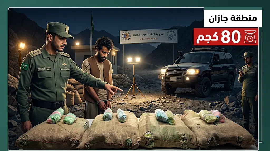 حرس الحدود في جازان يحبط عملية تهريب كبرى لـ 80 كيلوجراماً من القات ويضبط 3 متورطين