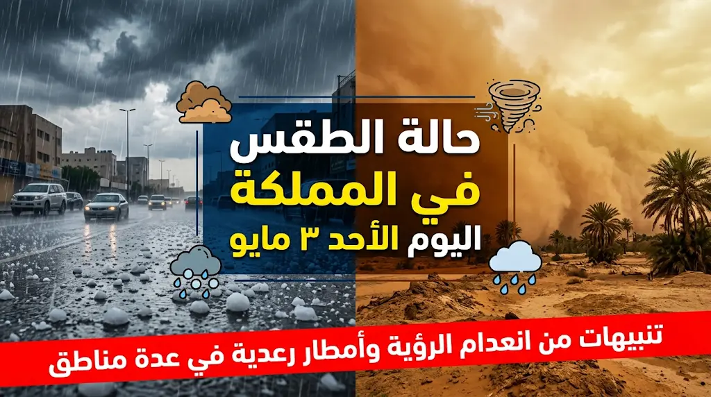 طقس السعودية اليوم الأحد 3-5-2026: خريطة الأمطار والبرد في الجنوب وتوضيح رسمي حول تعليق الدراسة