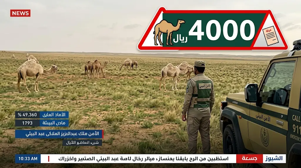 غرامة 4000 ريال لمخالفة الرعي الجائر: الأمن البيئي يضبط 8 متون إبل في محمية الملك عبدالعزيز الملكية.