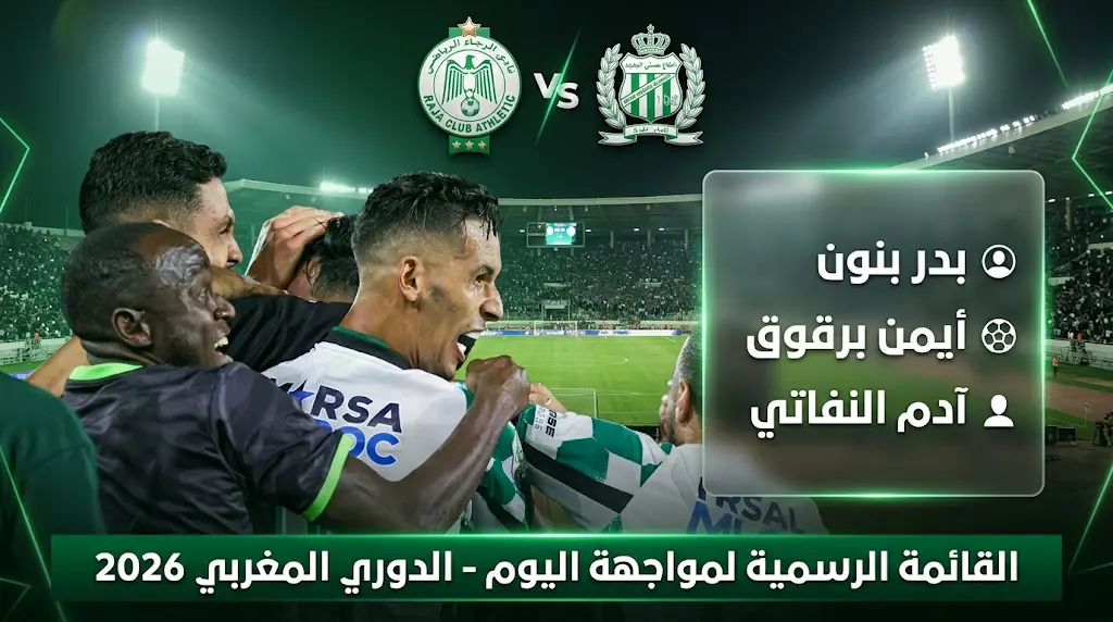 قائمة الرجاء ضد الدفاع الحسني الجديدي وموعد المباراة والقنوات الناقلة في الدوري المغربي 2026