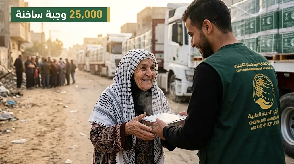 مركز الملك سلمان للإغاثة يواصل جهوده في غزة بتوزيع 25,000 وجبة ساخنة.