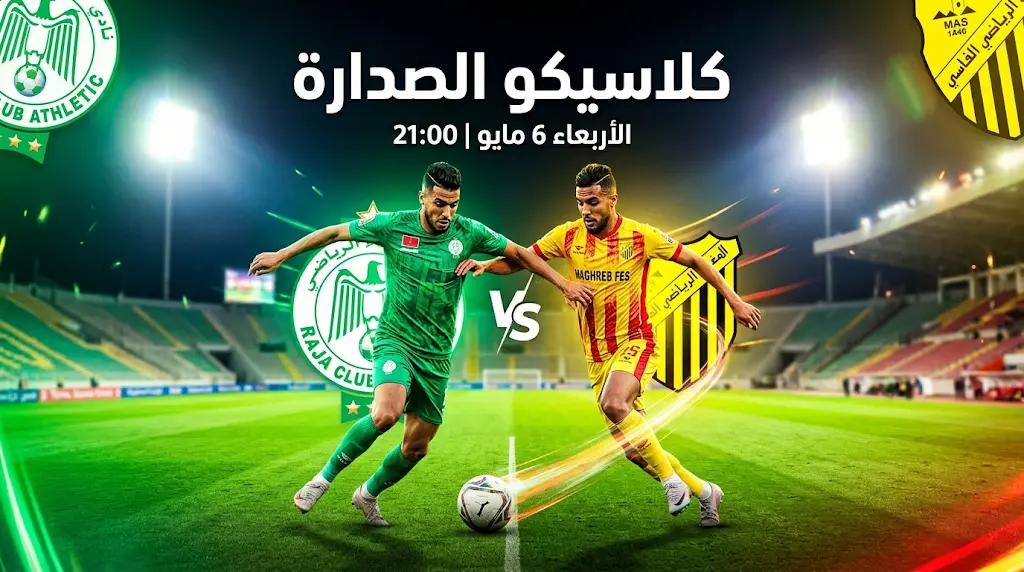 موعد والقنوات الناقلة لمباراة الرجاء والمغرب الفاسي غداً الأربعاء 6 مايو 2026 في قمة الدوري المغربي (الجولة 19)