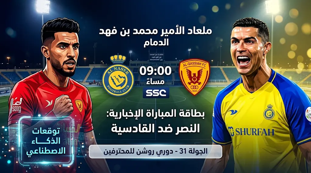نتيجة مباراة النصر ضد القادسية.. الذكاء الاصطناعي يتوقع الفائز في قمة الدوري السعودي 2026